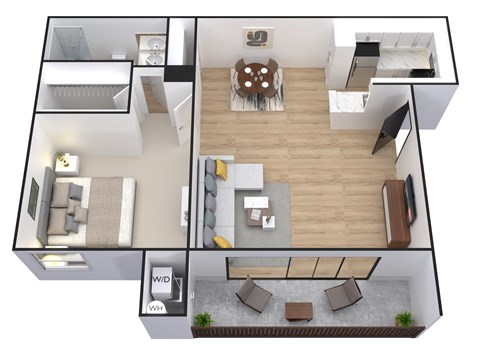 A 3D floor plan of a house with a living room, kitchen, dining room, and bedrooms.